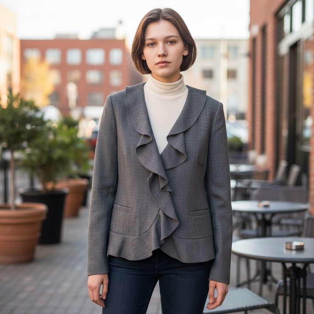 J. Crew 100% Wool Gray Ruffle Front Blazer Women’s Size 12 Pockets Academia